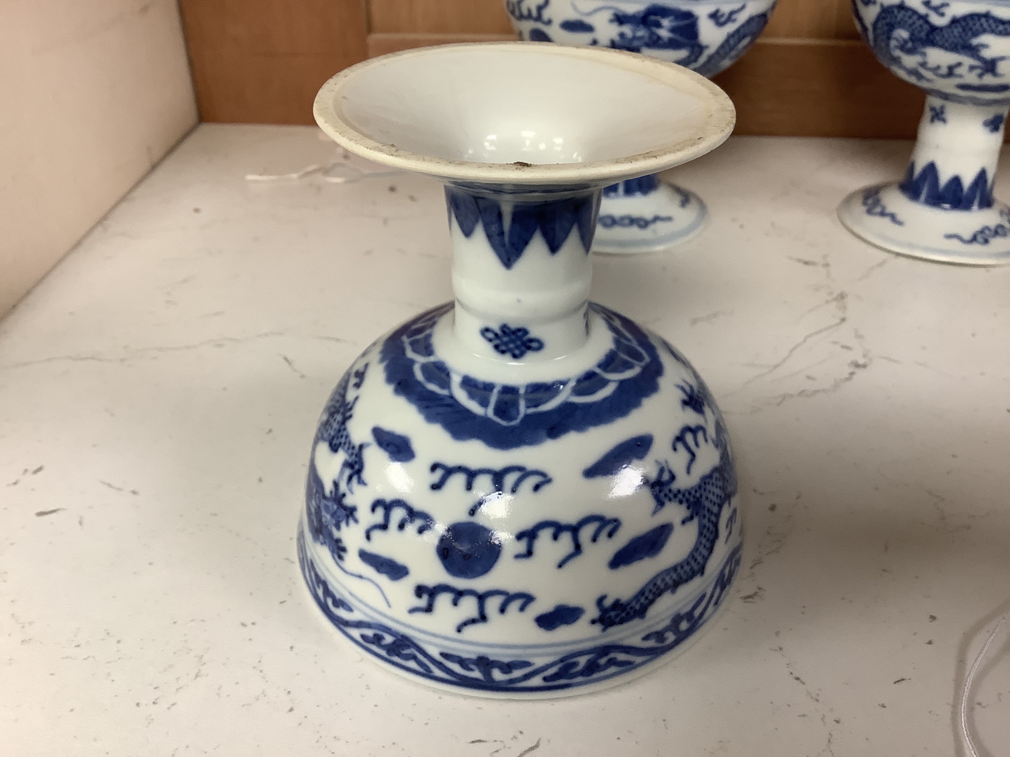 Three Chinese blue and white porcelain stem cups, c.1900, 9.5cm